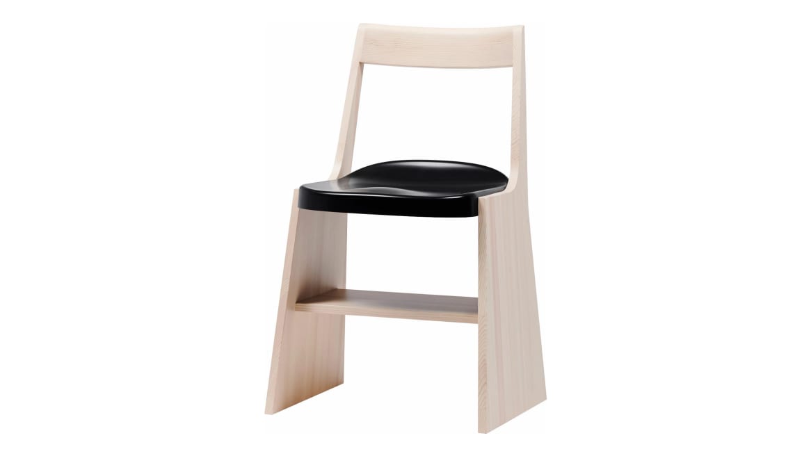 A light wood Fronda Chair with black seat on white background.