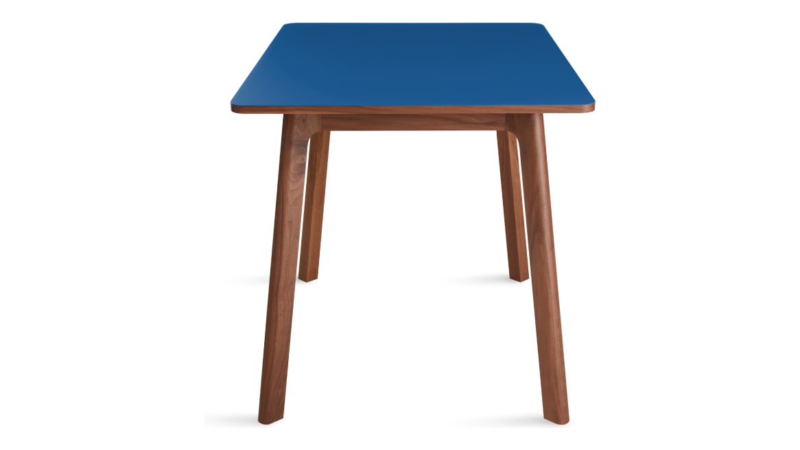 blue apt square table with walnut legs