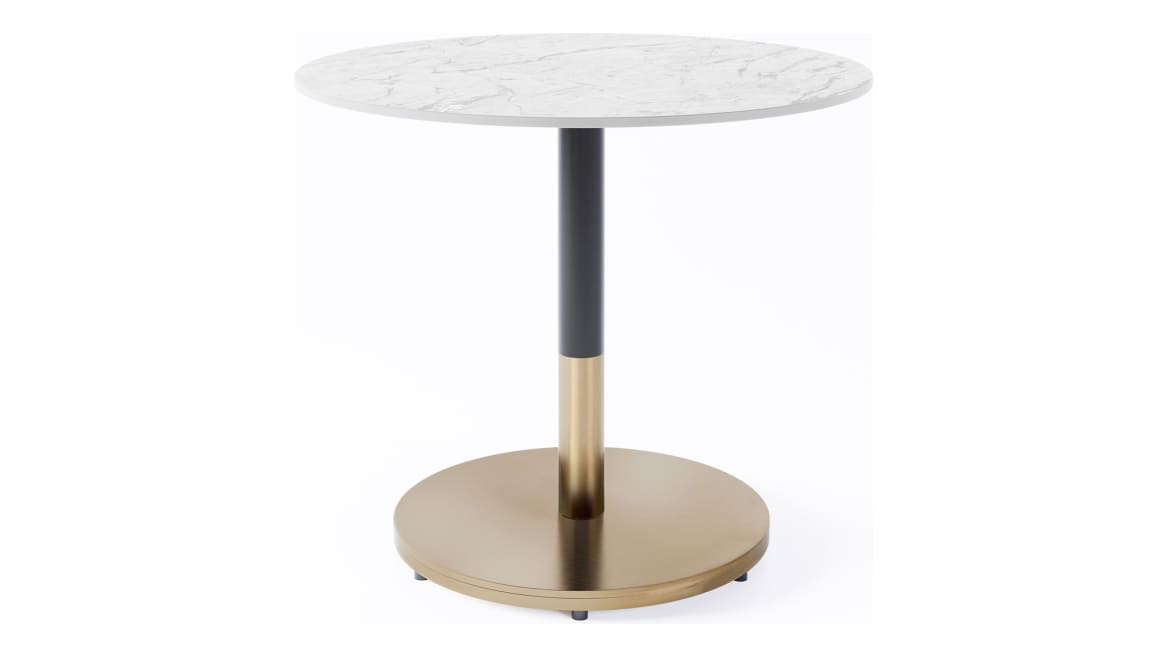 West Elm Orbit Cafe tables in white and black marble porcelain and bronze base