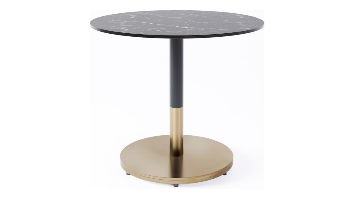 West Elm Orbit Cafe tables in white and black marble porcelain and bronze base