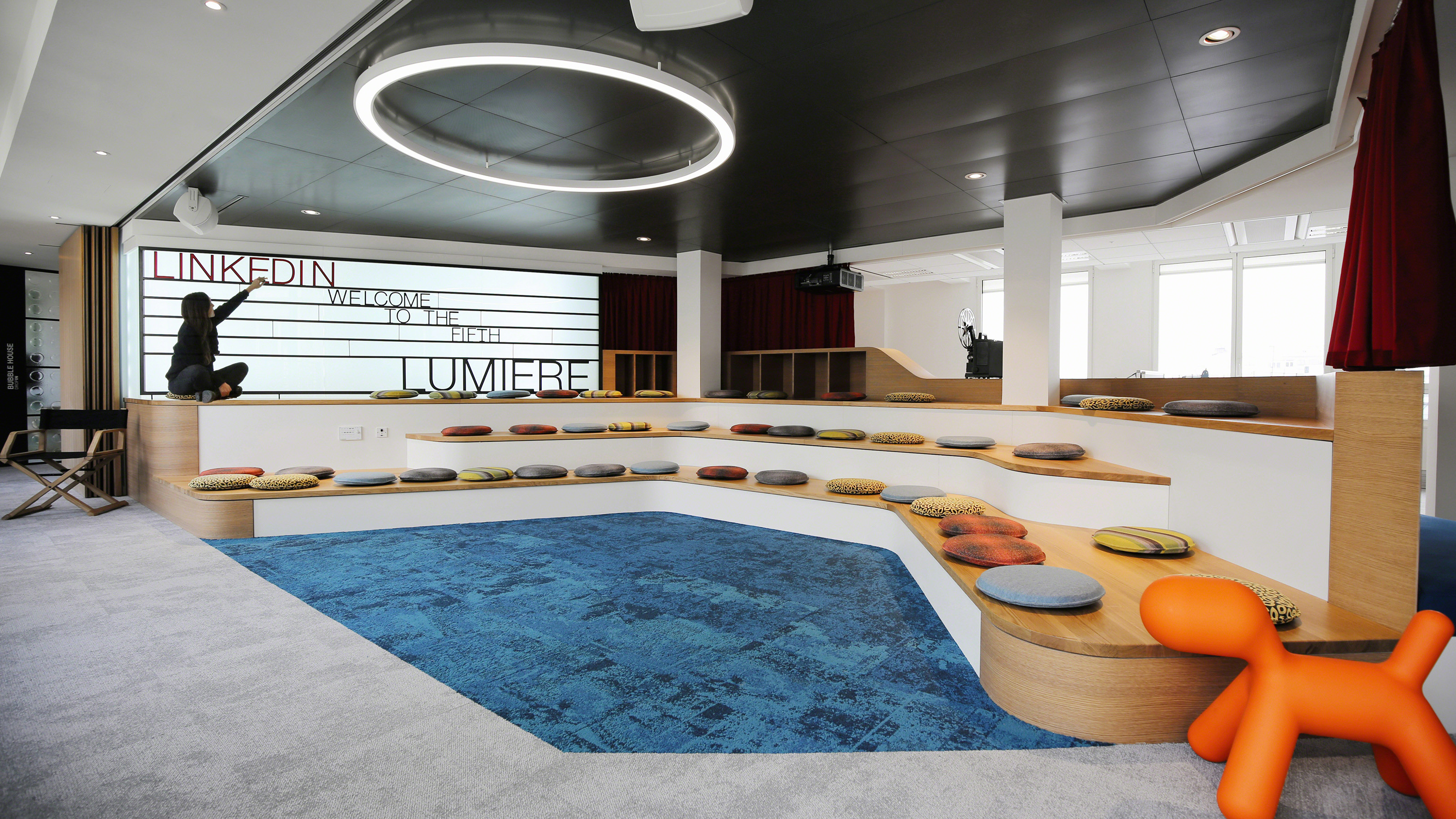LinkedIn gathering area inspired by French cinema with angled rows to sit