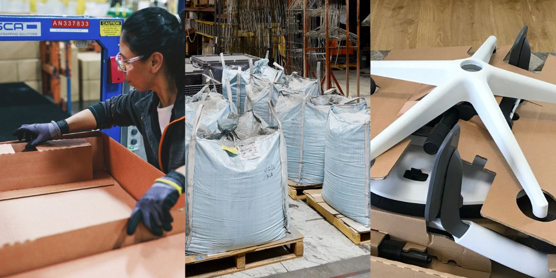 collage of three photos showing a woman working in a manufacturing plant, a chair dismantled and bags