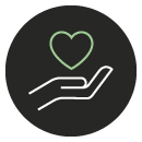Icon that shows a hand with a heart that represents care 