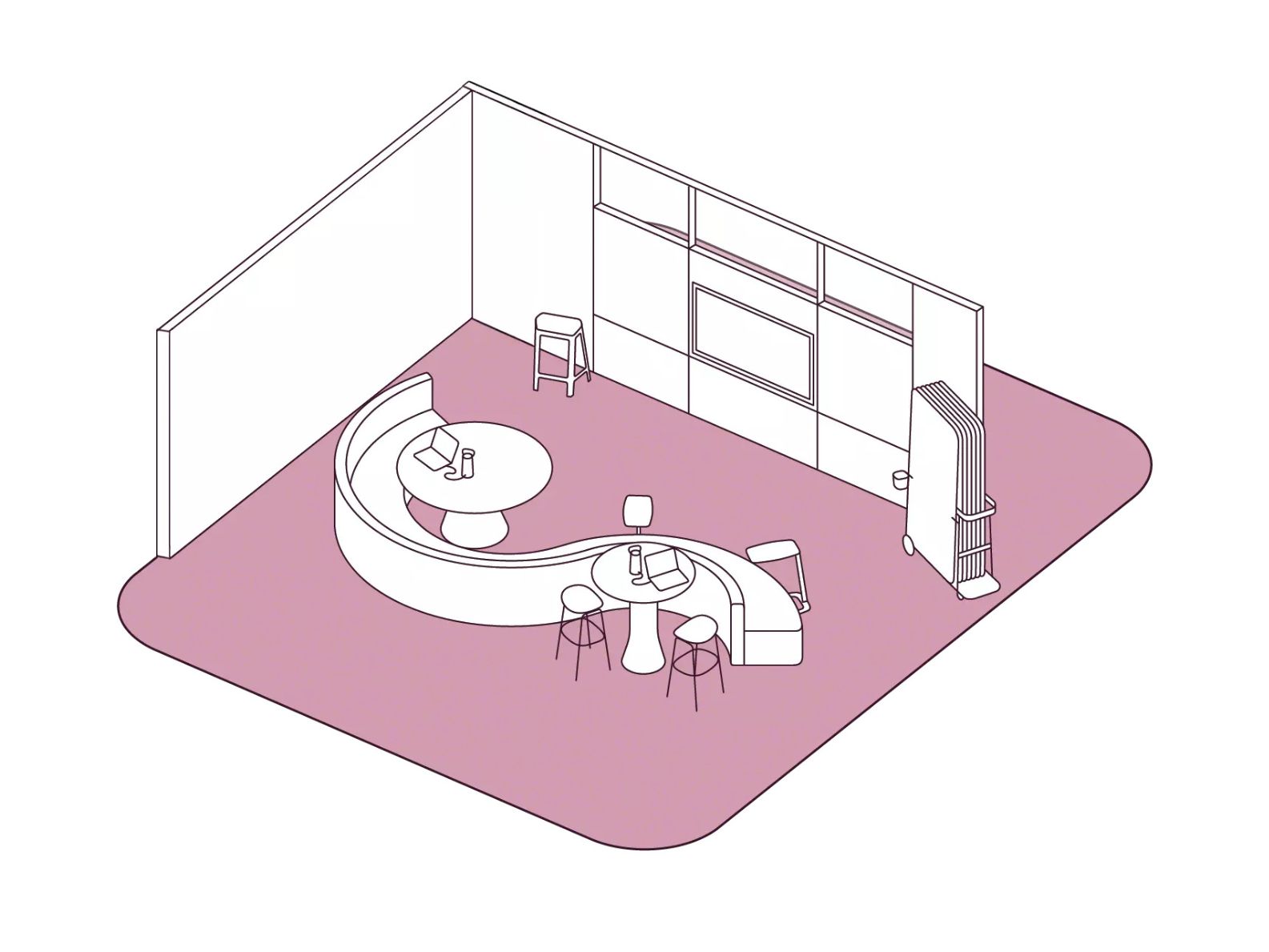Illustration of a Steelcase flexible collaboration space featuring curved lounge seating, café-style tables, mobile privacy screens, and integrated technology for informal meetings and teamwork.